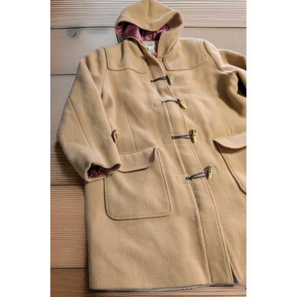 LL Bean Wool Toggle Duffle Coat Womens 2X Hooded Tan Beige Winter Jacket - Picture 7 of 10